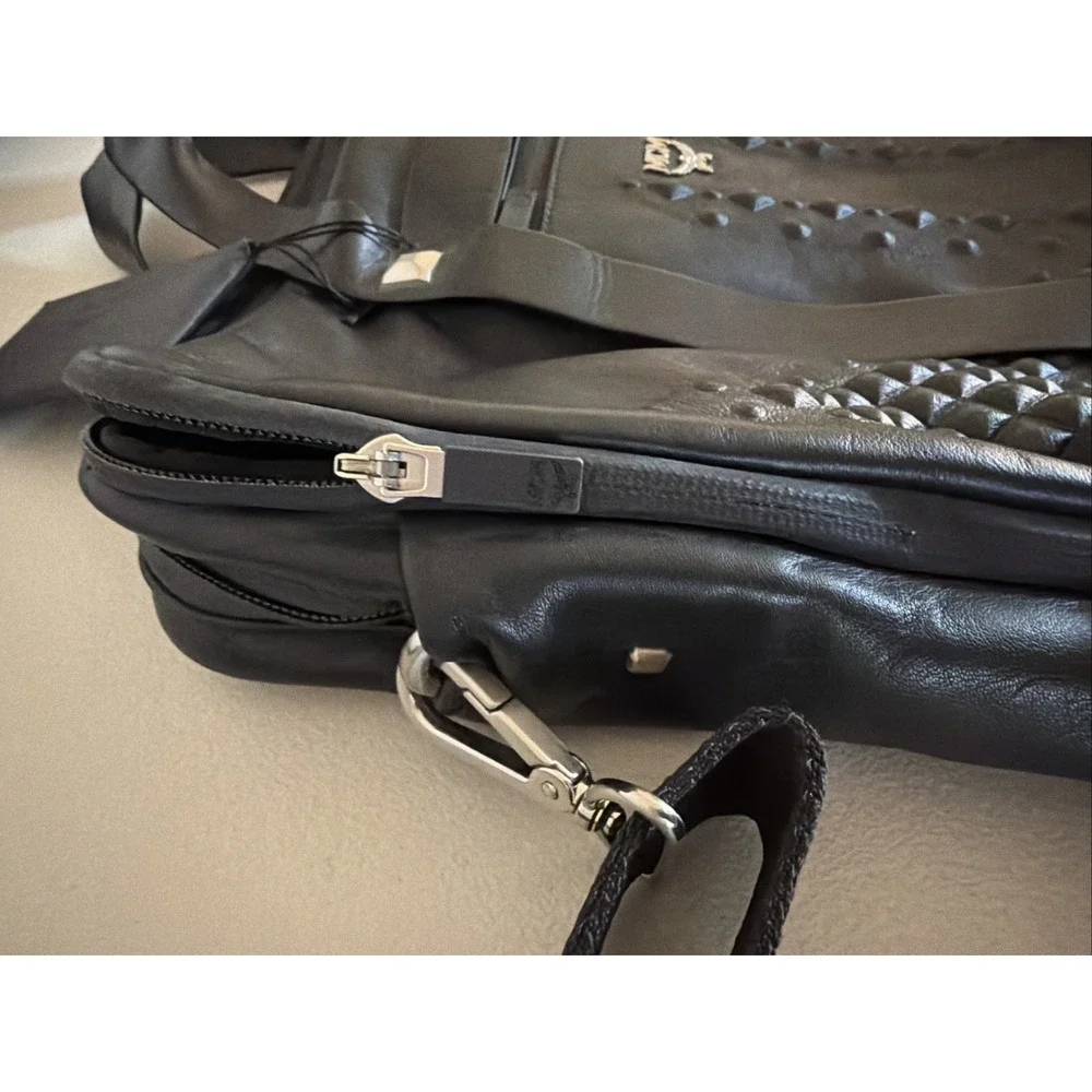 MCM Black Leather Briefcase Studded Embossed Document Case Laptop Bag W/ Tag